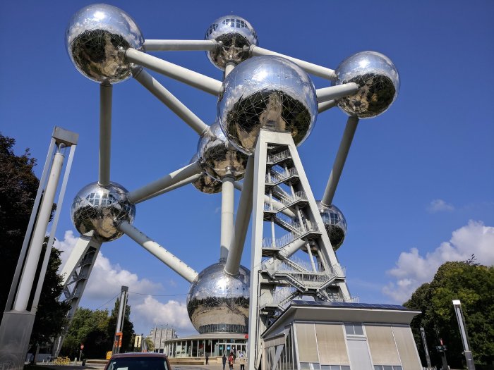 The Atomium in Brussels, Belgium, on a clear summer day. 