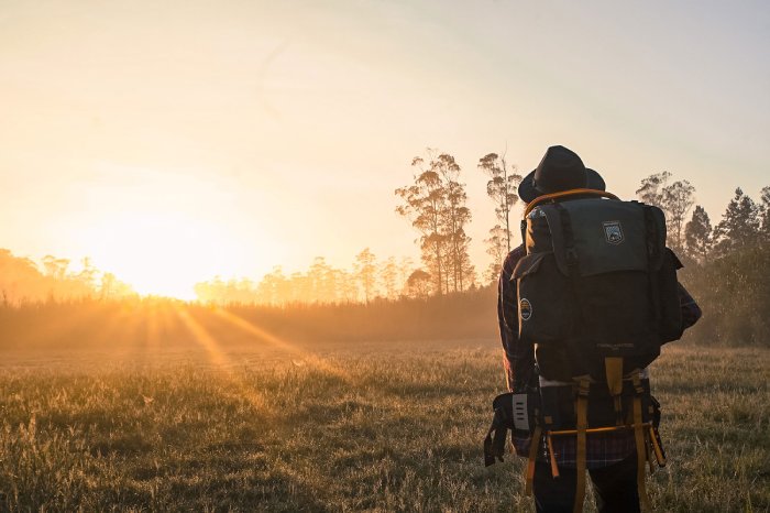 A backpacker looks toward a low sun across a field.