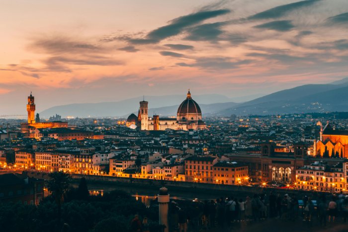 The Florence, Italy, skyline at dusk.