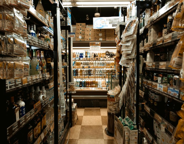 A well-stocked grocery store aisle.