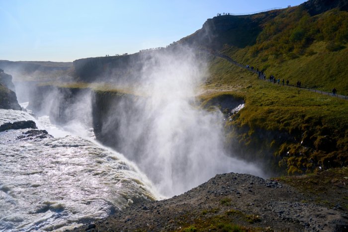 Mist rises from the famed Gullfoss Waterfall in Iceland.