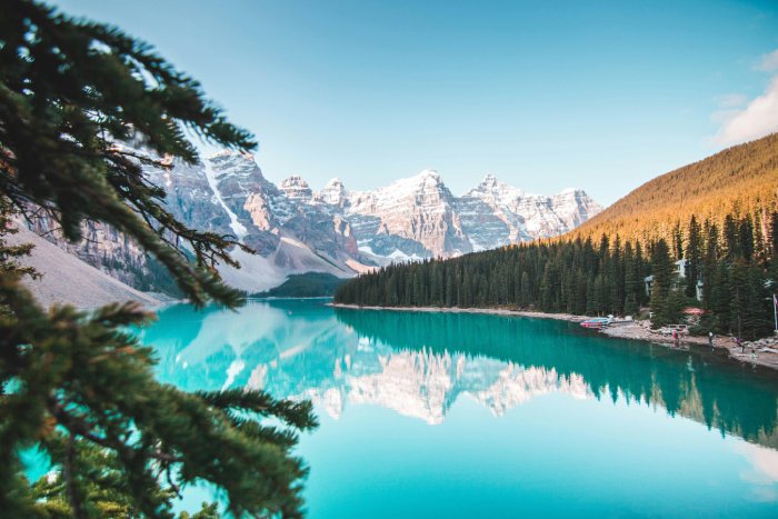 A lake with turquoise water in the high Canadian Rocky Mountains.