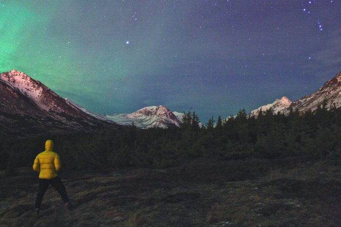 A man wearing a yellow down jacket looks at the northern lights in the mountains.