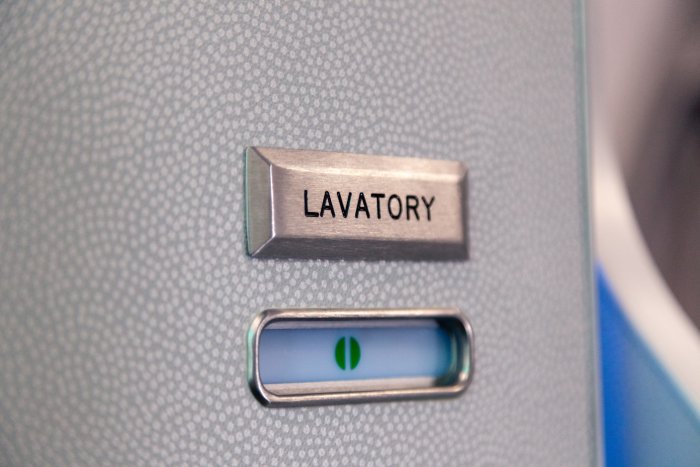 A vacant sign on the lavatory door in the cabin of an aircraft.