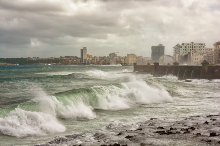 A storm surge of waves hits the banks of Havana, Cuba.