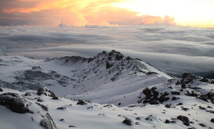 A snowy Mount Kilimanjaro summit above the clouds.