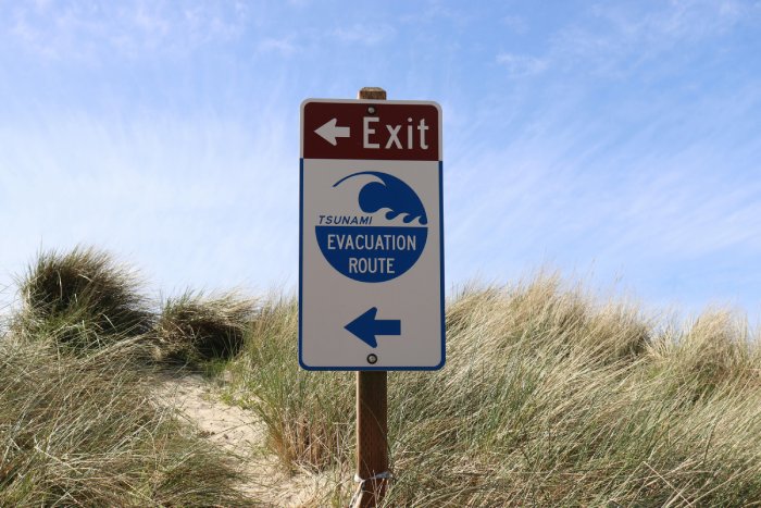 A tsunami evacuation route sign on a beach.