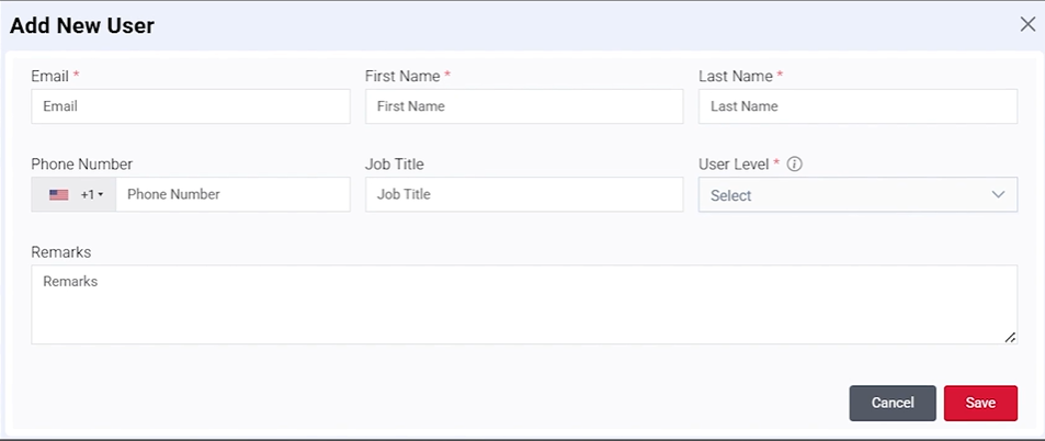Partner Portal Add New User form