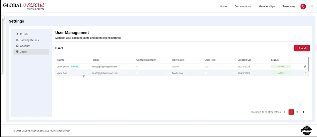 Partner Portal User Management table