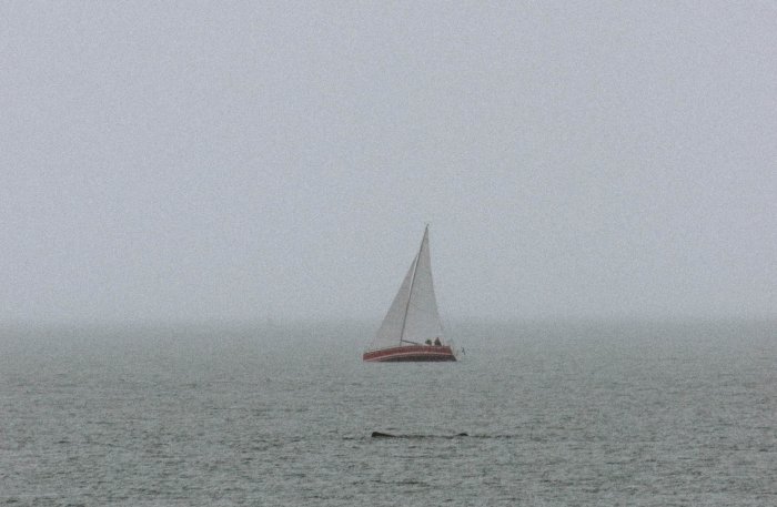 A sailboat at sea in foggy conditions.