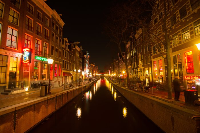 Amsterdam's red light district at night.
