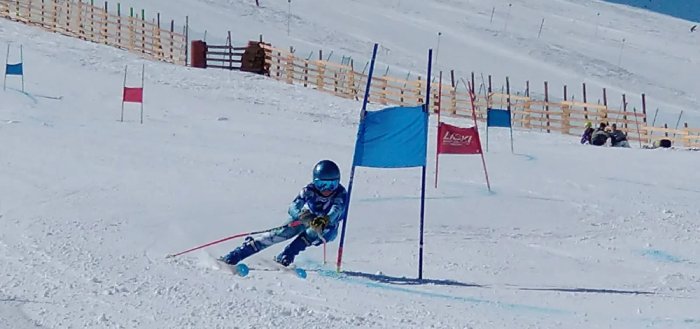 A ski racer carves a turn around a blue gate.