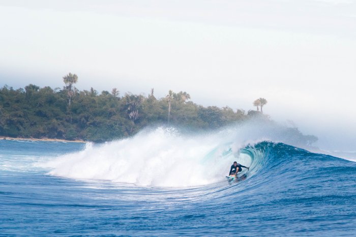 A surfer crouches into the barrel of a wave near a tropical beach.